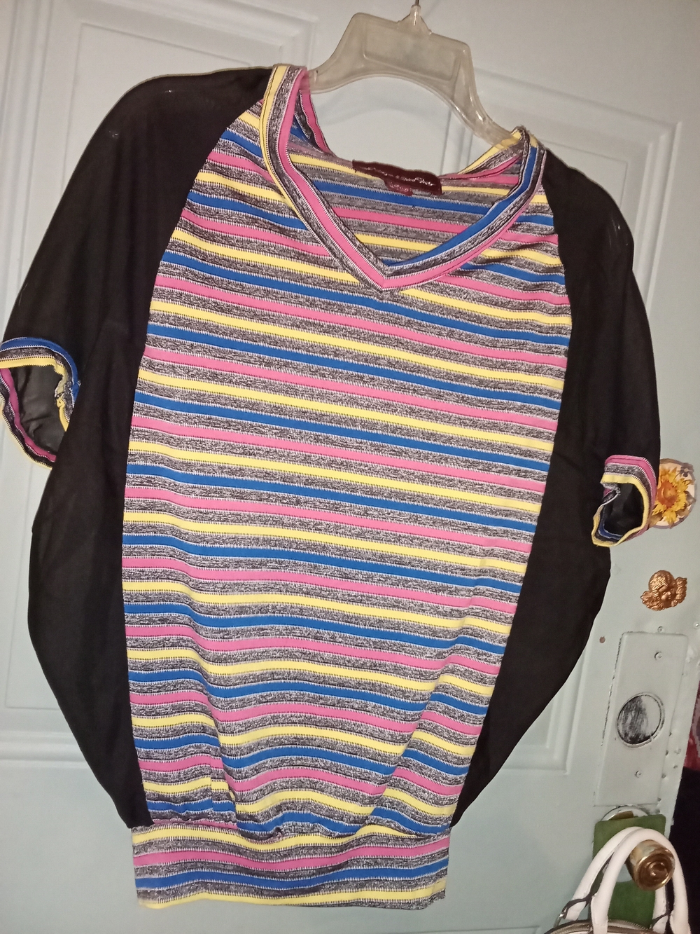 Striped V-Neck Short Sleeve Top with Black Raglan Sleeves
